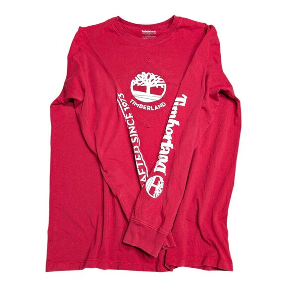 Timberland Long Sleeve T-Shirt Men's L Burgundy Red Graphic Logo Crafted Since - Picture 4 of 6